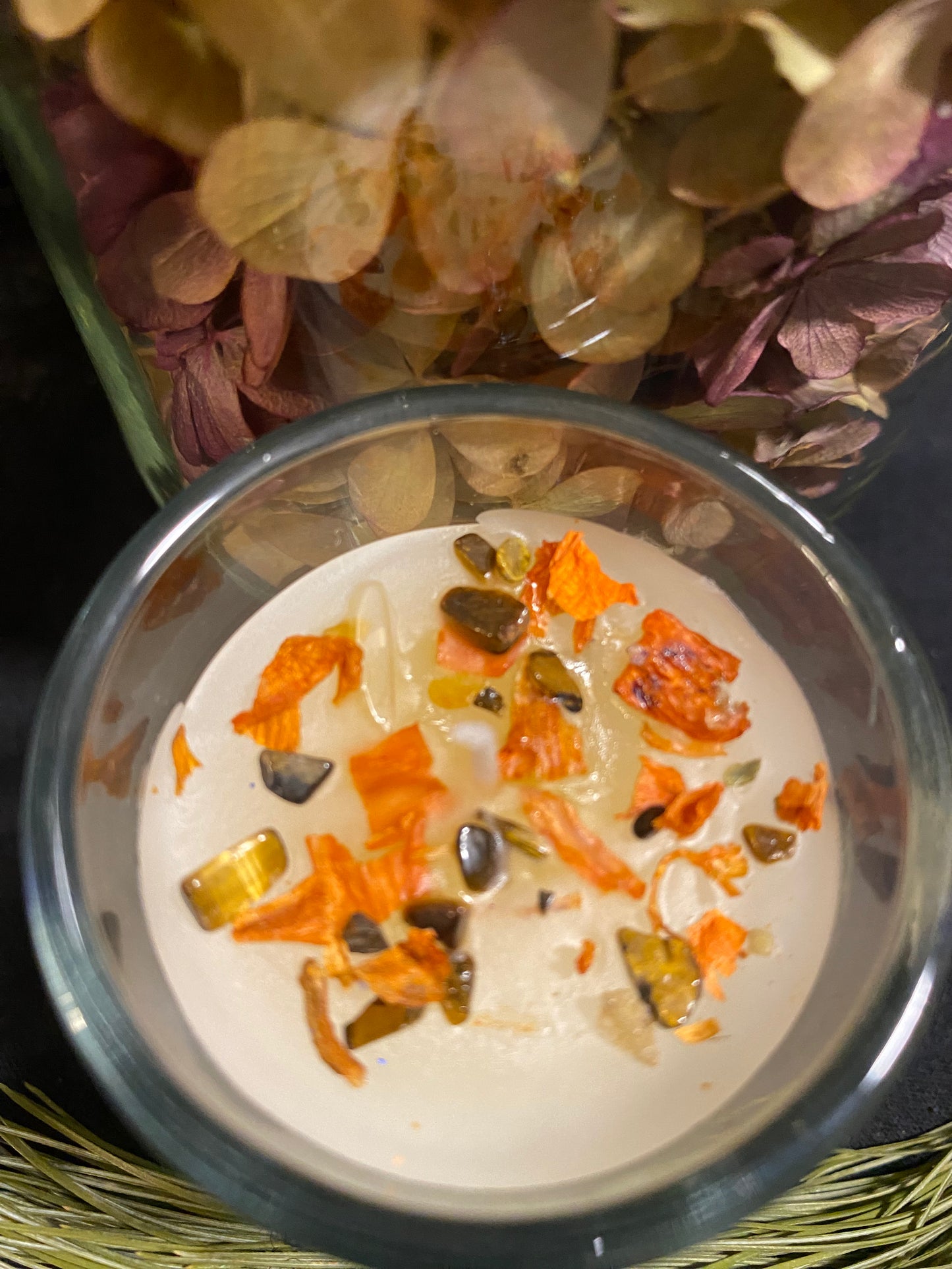 Self esteem and self love with tigers eye Crystals, flowers and Blessed Oil.