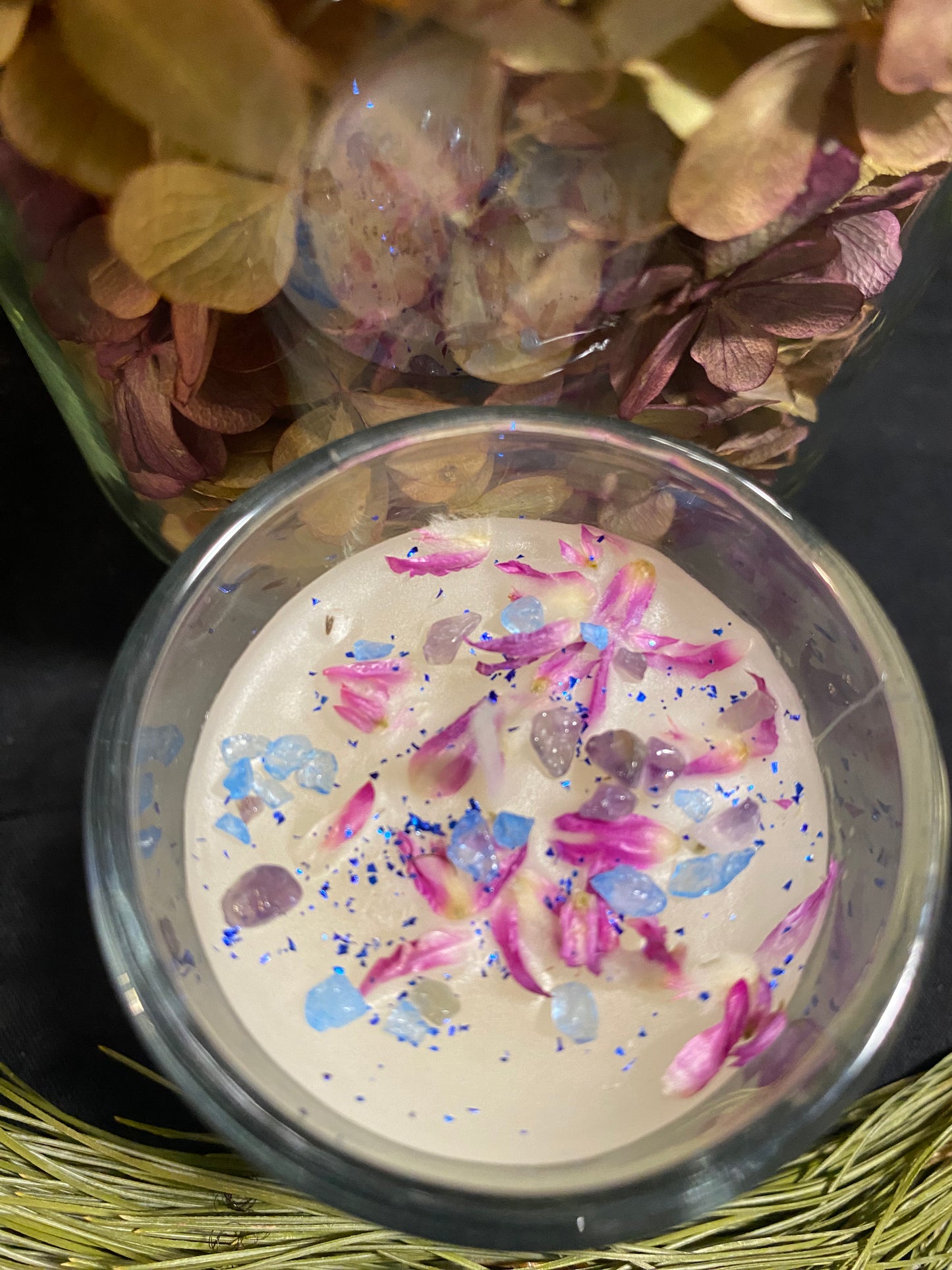 Healing and Peace candle. Adorned with aquamarine and amethyst crystals. Dressed with Lavender Oil.