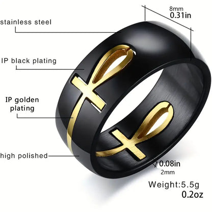 Gold & Black Ankh Ring Stainless Steel