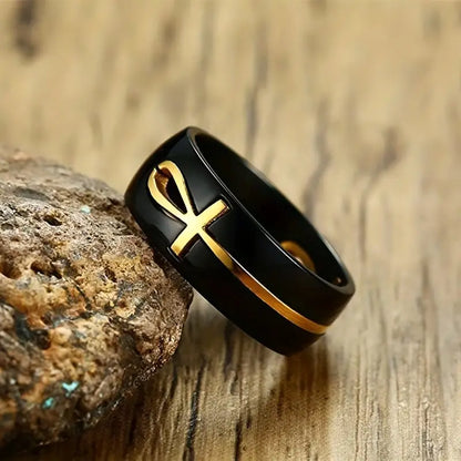 Gold & Black Ankh Ring Stainless Steel