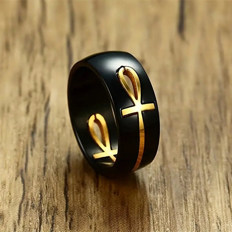 Gold & Black Ankh Ring Stainless Steel